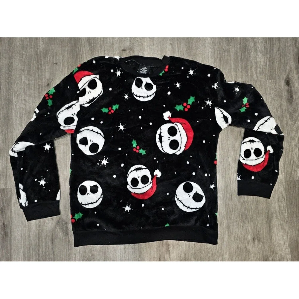 NBC Jack Skellington Plush Fleece Sweater Unisex L/XL - Disney Holiday Crewneck